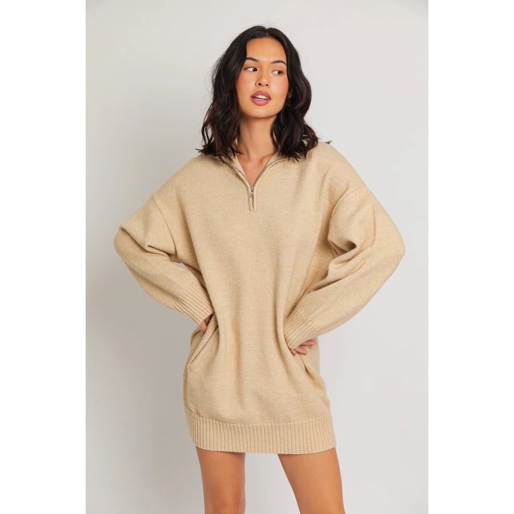 Le Lis Collection Tan Quarter Zip Pullover Sweater XS SWD7919 Pocketed Knit